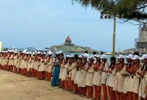 Students of Isha Vidya, Kanyakumari stand to welcome the Rally troup